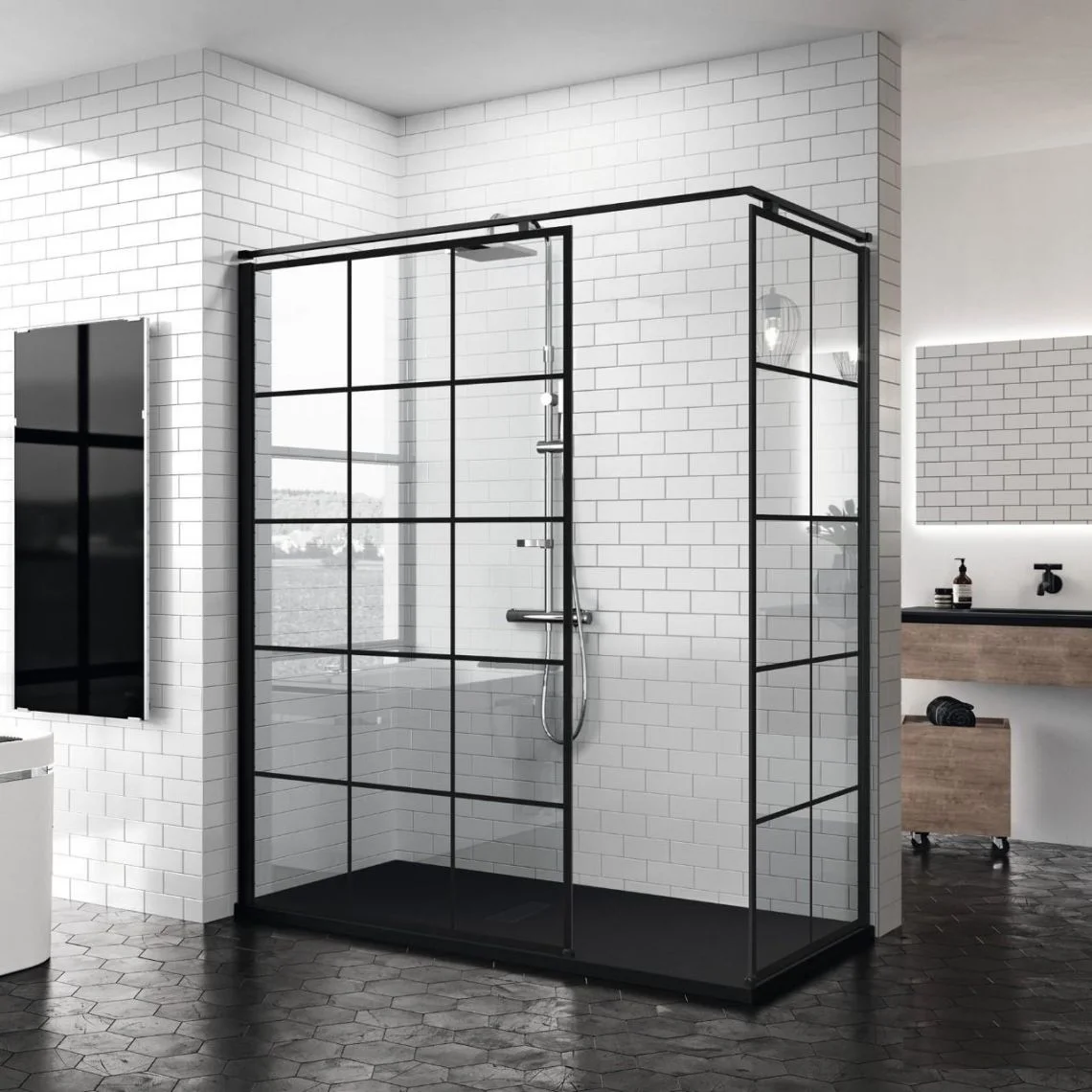 Душевая стенка Novellini Kuadra H Squares 120см, черный матовый (KUADH120-81H) - Фото 2