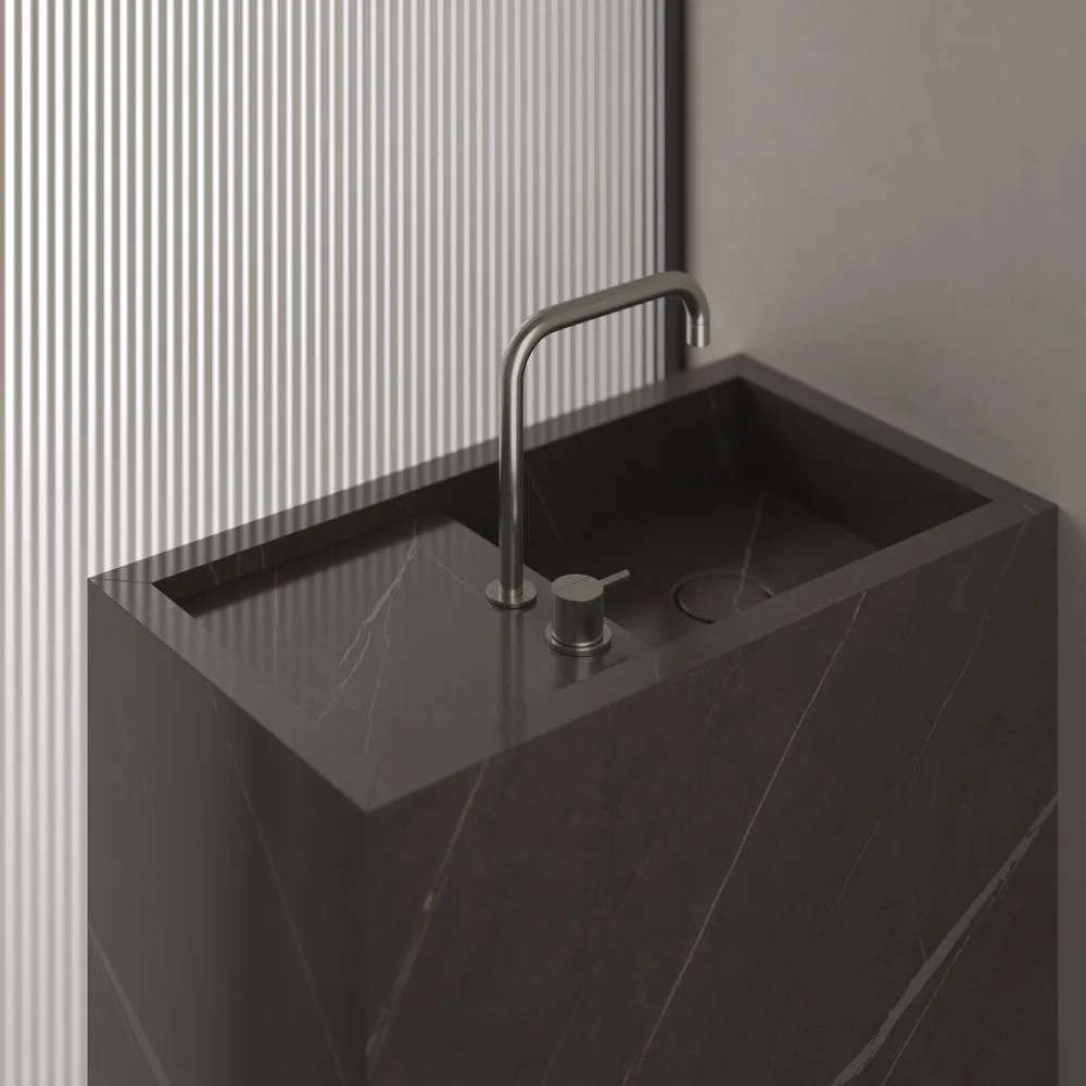 Умивальник окремостоячий Luxestone 70x37x85 см з керамограніту, під донний клапан врівень, злив конверт (Stonesink_model_2_5) - Фото 3