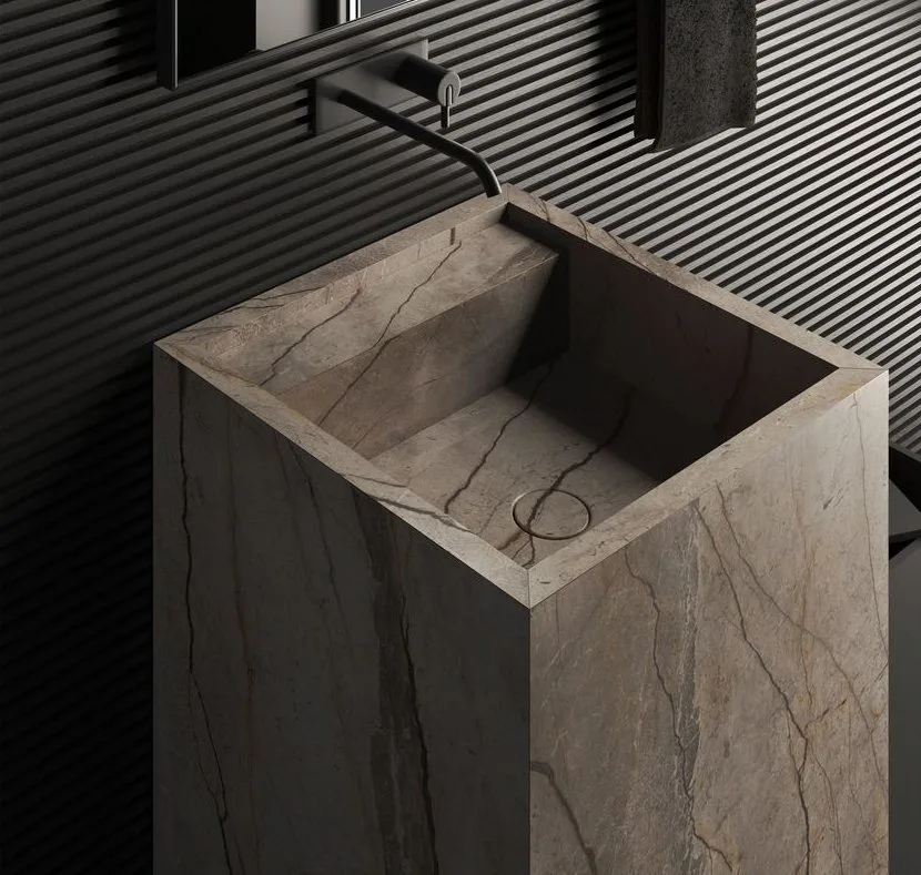 Умивальник окремо стоячий Luxestone 50x50x85 см з керамограніту, під донний клапан врівень, злив конверт (Stonesink_model_3_5) - Фото 3
