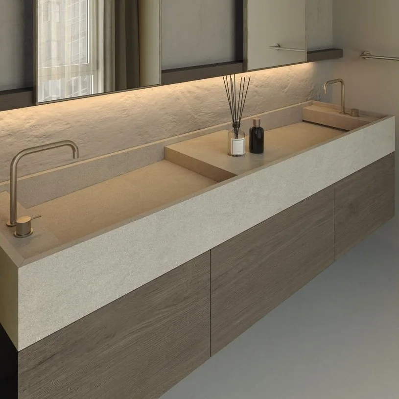 Умывальник подвесной на 2 чаши Luxestone 194x45x20 см из керамогранита, под донные клапаны, слив конверт (Stonesink_model_7_4) - Фото 3