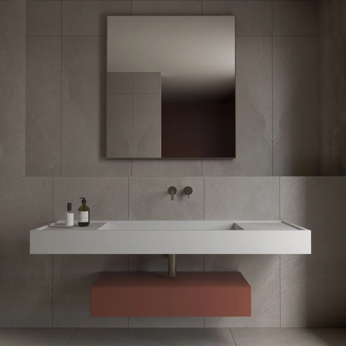 Умивальник підвісний Luxestone 130x50x16 см з керамограніту, з бортиком, зі щілинним зливом та поворотною ревізією (Stonesink_model_9_2) - Фото 2