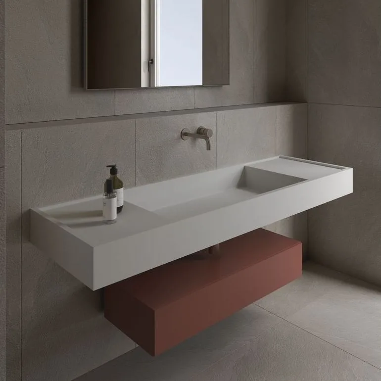 Умивальник підвісний Luxestone 130x50x16 см з керамограніту, з бортиком, зі щілинним зливом та поворотною ревізією (Stonesink_model_9_2) - Фото 3