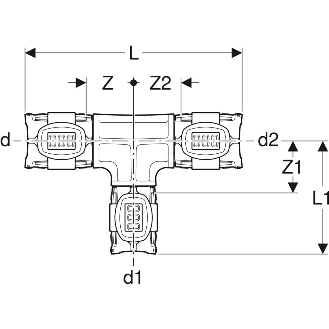 Трійник Geberit FlowFit перехідний: матеріал=PPSU, d=20мм, d1=20мм, d2=16мм (620.131.00.1) - Фото 3