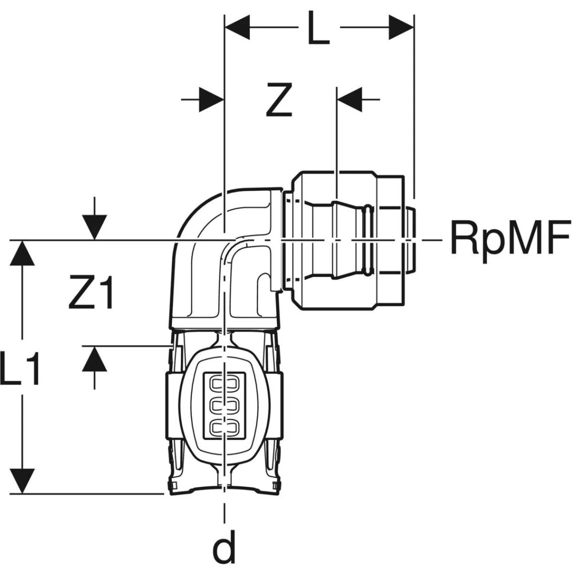 Переходной угол Geberit FlowFit 90° с MasterFix: материал=PPSU, d=20мм, RpMF=1/2 (620.491.00.1) - Фото 3