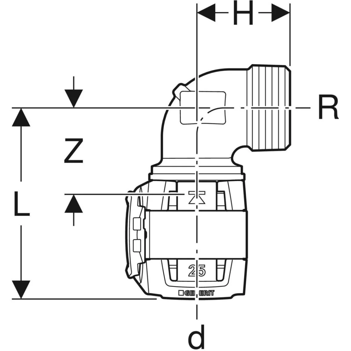 Переходной отвод Geberit FlowFit 90° с наружной резьбой: Бронза без свинца (CuSn4Zn2PS), d=20 мм, R=3/4 дюйм (620.525.00.1) - Фото 3