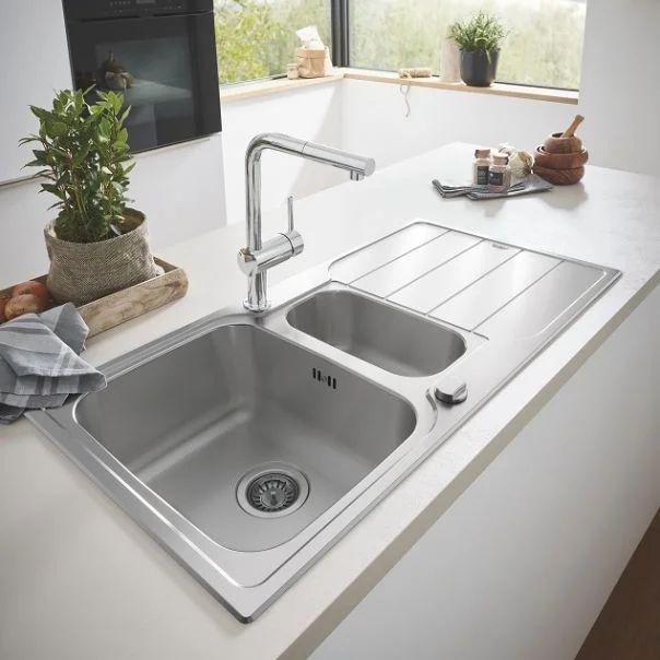 Кухонная мойка Grohe K500 100х50 см с эксцентриком, 2 чаши, нержавеющая сталь матовая (31572SD1) - Фото 3